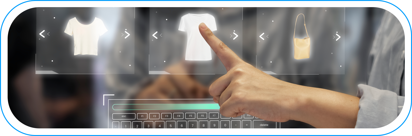 Ręka wybierająca produkt w cyfrowym katalogu e-commerce — wizualizacja zakupów online i personalizacji oferty