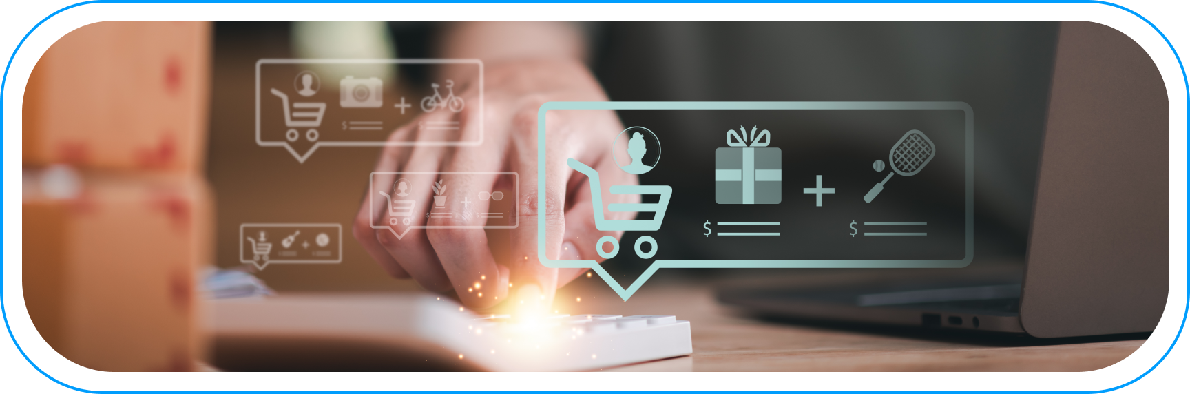 Analityka e-commerce – wizualizacja koszyka zakupowego, produktów i danych sprzedażowych na tle pracy przy komputerze; optymalizacja marży i sprzedaży dzięki analizie danych.