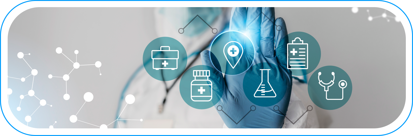 Sztuczna inteligencja i analityka danych w ochronie zdrowia – cyfrowe ikony medyczne symbolizujące nowoczesne zarządzanie, diagnostykę i automatyzację procesów w medycynie.