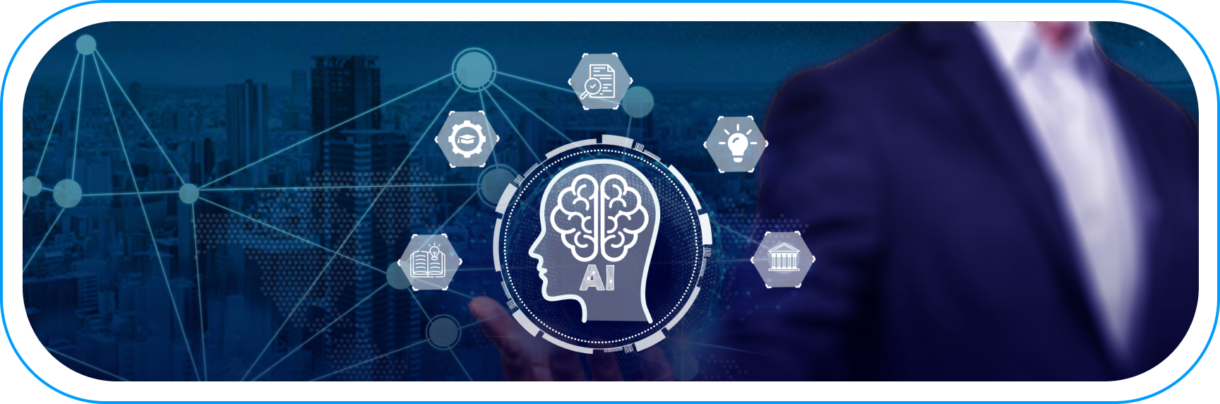 Graphic illustrating AI and data analytics concept — connections between icons like AI, book, lightbulb, and building, over a cityscape background with a person in a suit.