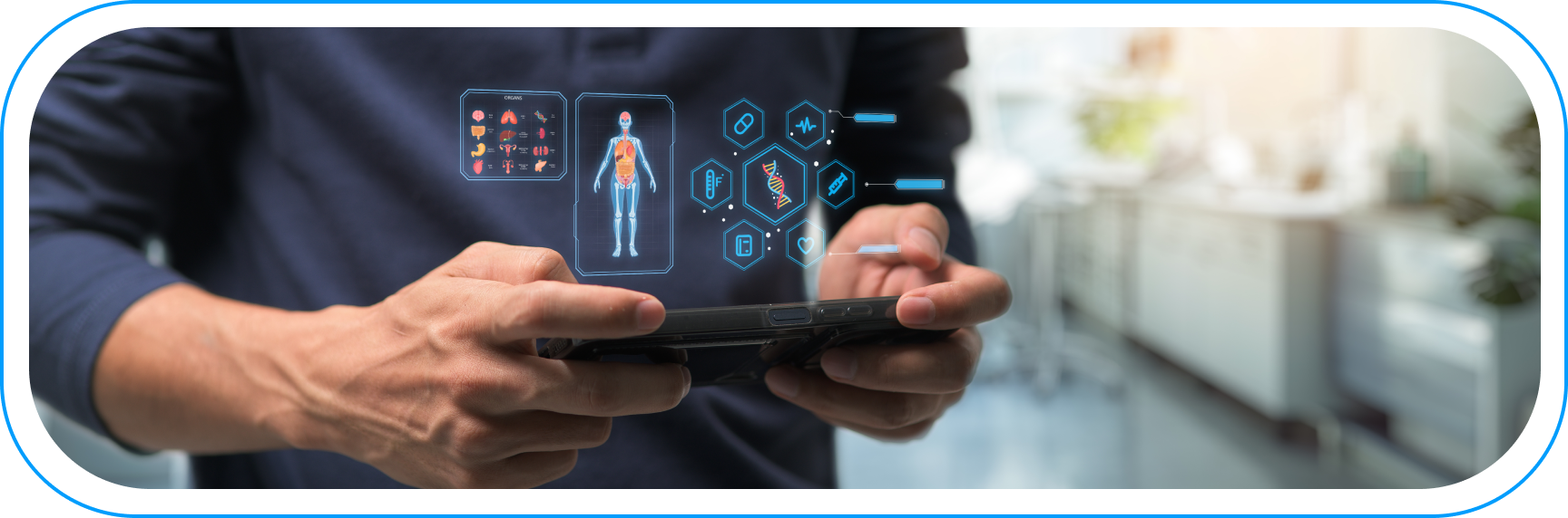 Modern wellness mobile application analyzing user health data on a smartphone, real-time digital health metrics visualization.