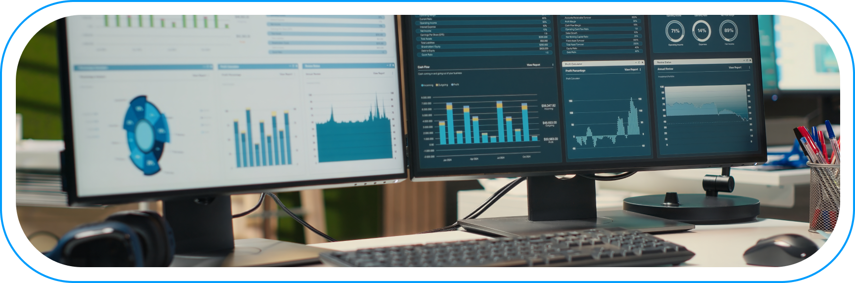 Pulpit analityka z dwoma monitorami wyświetlającymi dashboardy BI i raporty z hurtowni danych.