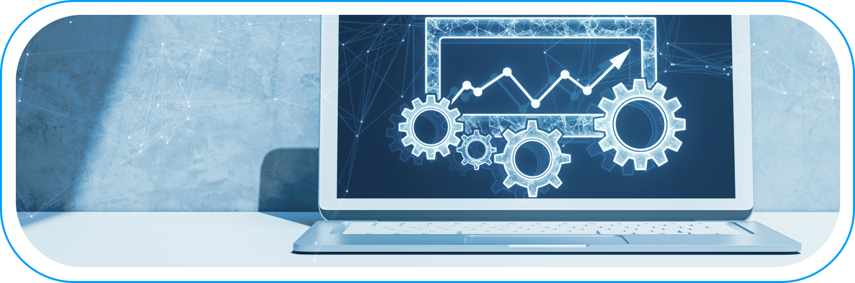Laptop z futurystyczną grafiką kół zębatych i rosnącego wykresu na ekranie. Symbol automatyzacji analityki konwersacyjnej i procesów GenAI w biznesie.