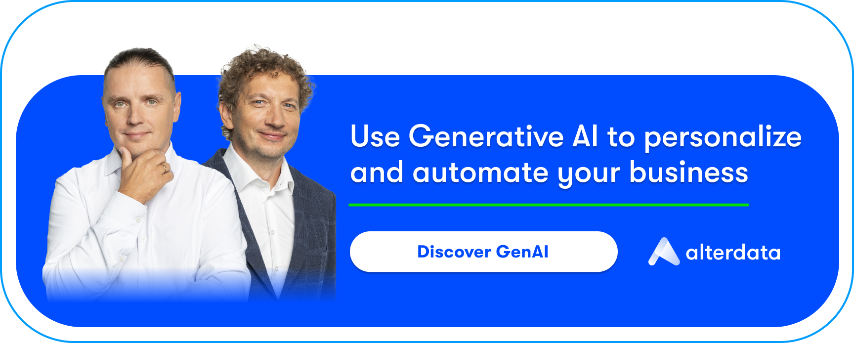 Alterdata banner featuring a man and text "USe GenAI to personalize and automate your business" call to action button. Data democratization for business.
