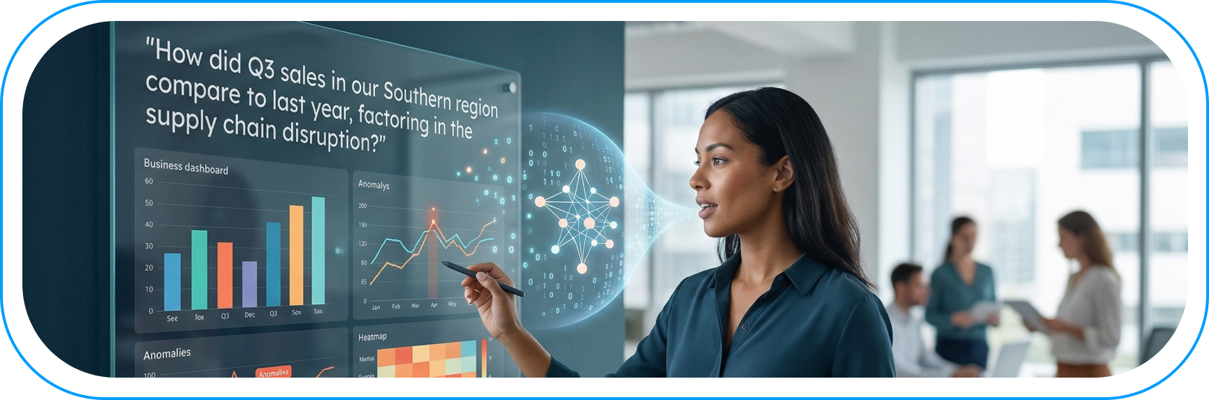 Kobieta w biurze analizująca wyniki sprzedaży za Q3 na przezroczystym ekranie, pytająca Gemini o porównanie rok do roku z uwzględnieniem zakłóceń łańcucha dostaw. Widoczna analityka konwersacyjna i dashboardy.