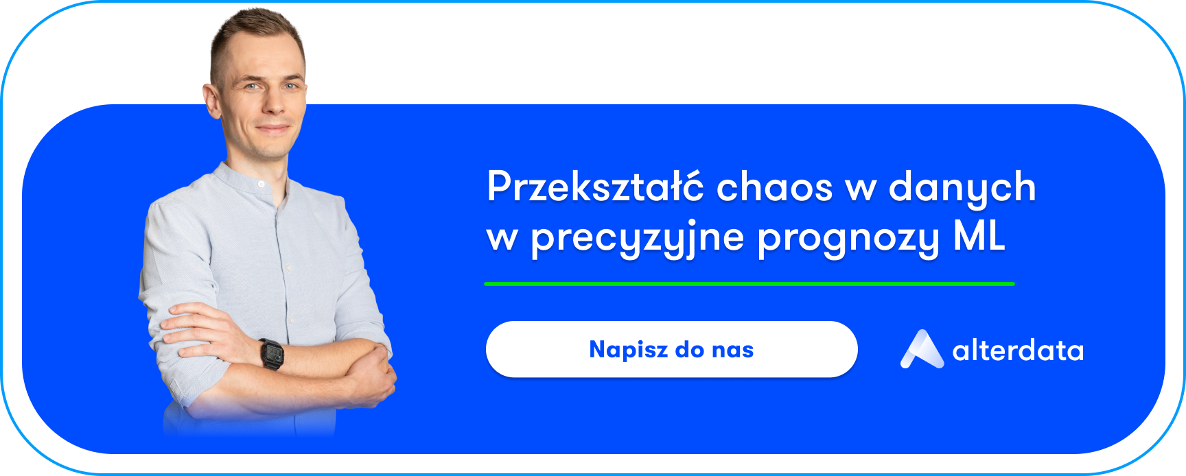 Baner promocyjny firmy Alterdata zachęcający do kontaktu w sprawie wdrażania modeli uczenia maszynowego i analityki predykcyjnej w biznesie.